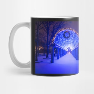 Christopher Columbus Park Trellis lit up for Christmas Snowstorm Boston MA Bench Mug